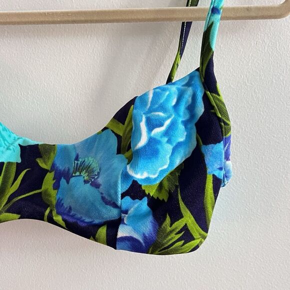 90s Vtg Floral Bikini Swimwear Matching Boho Blue Green 36C Medium Women’s Top - Picture 2 of 13